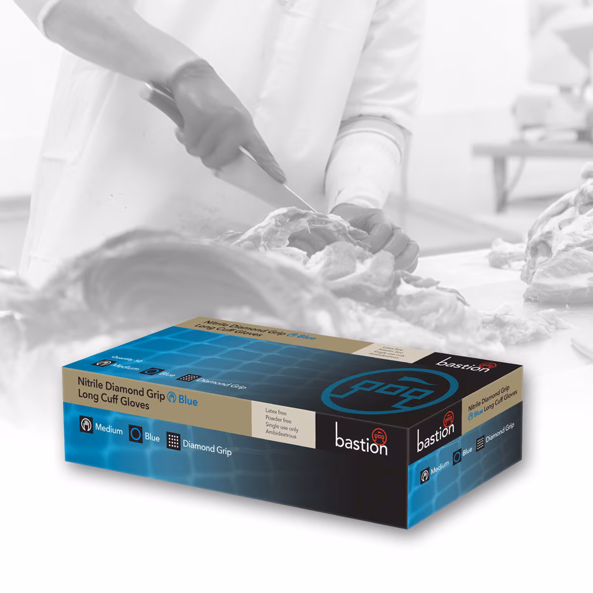 Bastion NITRILE DIAMOND GRIP GLOVES - BLUE - 300MM LONG CUFF - POWDER FREE