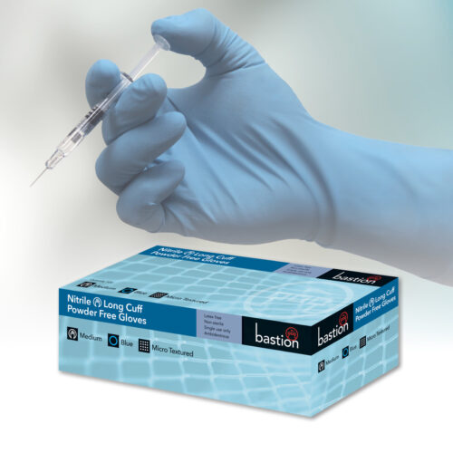 Bastion Premium Nitrile Blue Long Cuff 30cm Powder Free Disposable Reusable Gloves