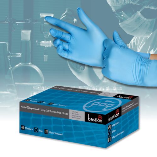 Bastion NITRILE SUPERTOUCH BLUE - 300MM LONG CUFF - POWDER FREE - MICRO TEXTURED