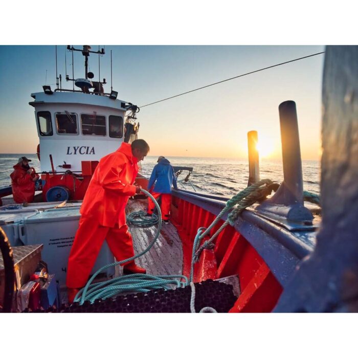 Guy Cotten Hitra High Vis Bib & Braces In Use Fishing Boat