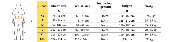 Guy Cotten clothing size chart