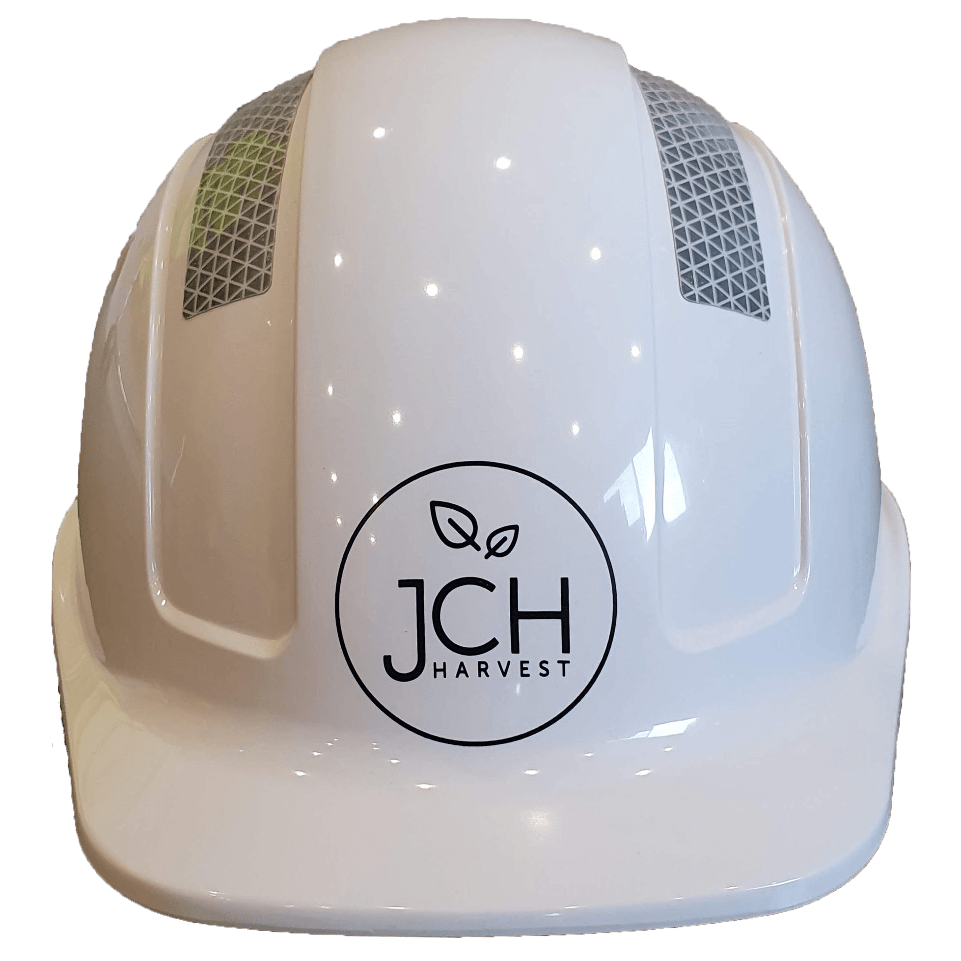 JCH Harvest Logo printed on a Maxisafe Vented Hard Hat - Sliplock Harness - White