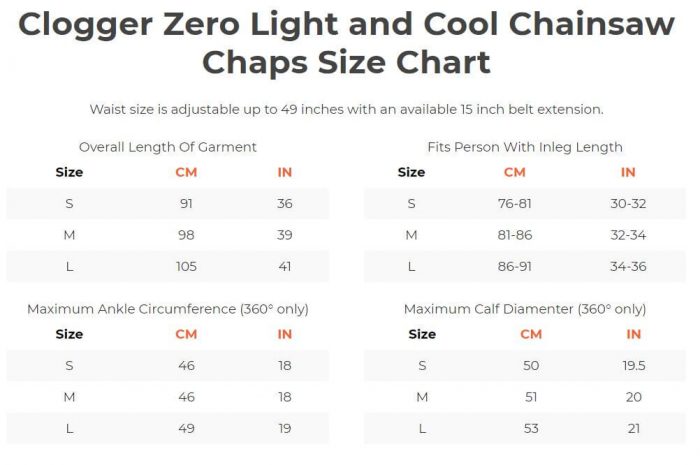 Clogger Zero Chainsaw Chaps - size guide