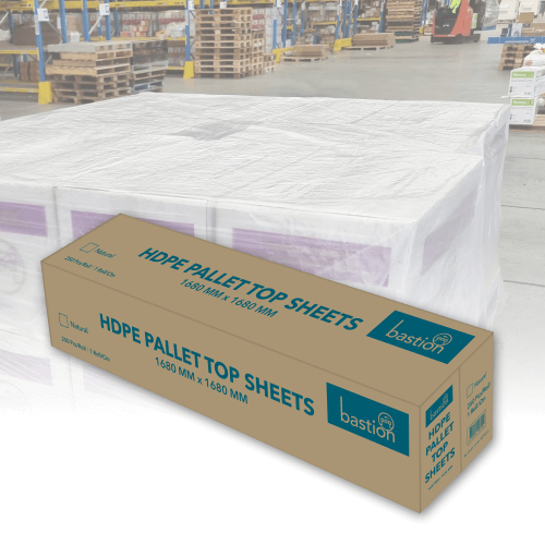 Bastion Pallet Top Sheets on a pallet in a warehouse