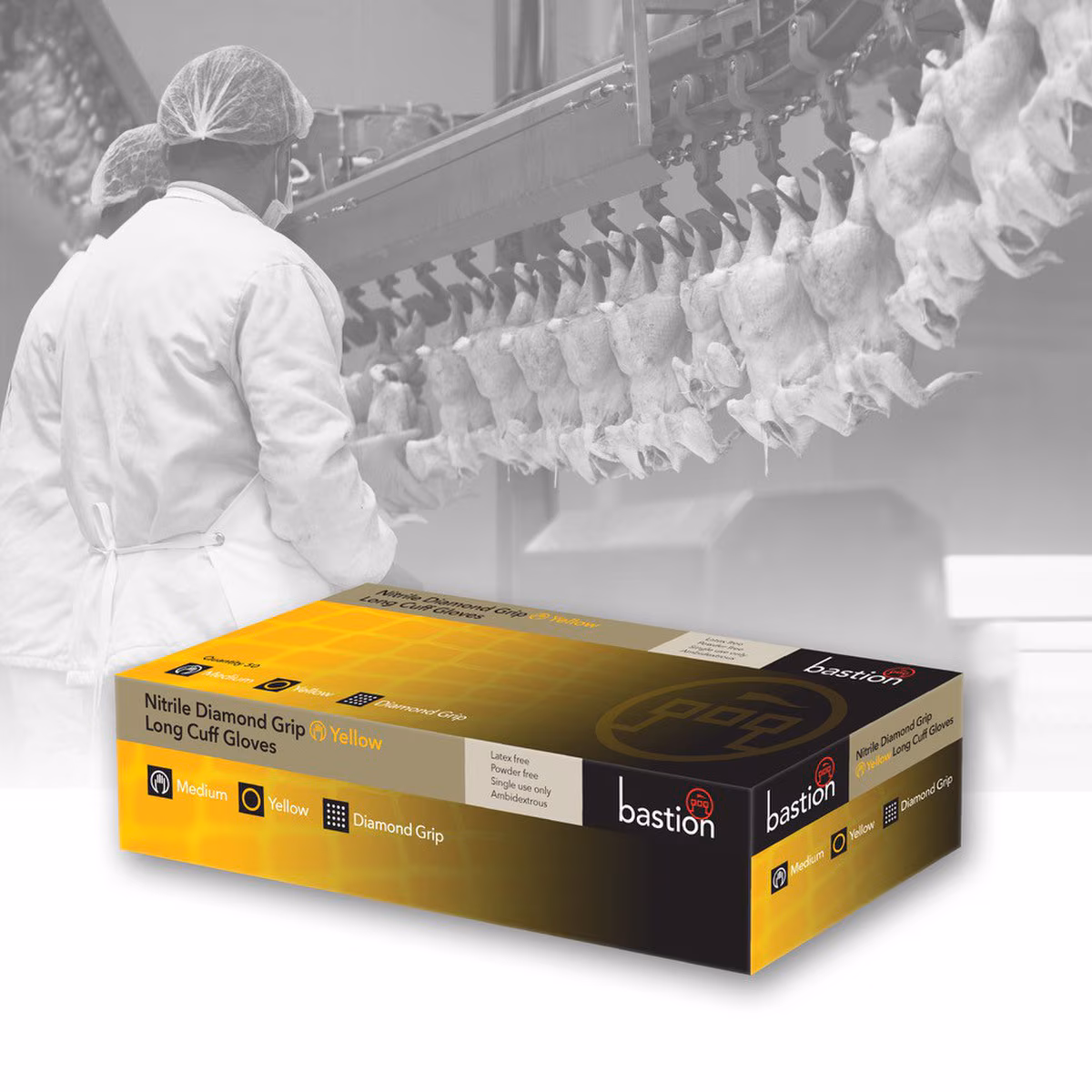 Bastion NITRILE DIAMOND GRIP GLOVES - YELLOW - 300MM LONG CUFF - POWDER FREE